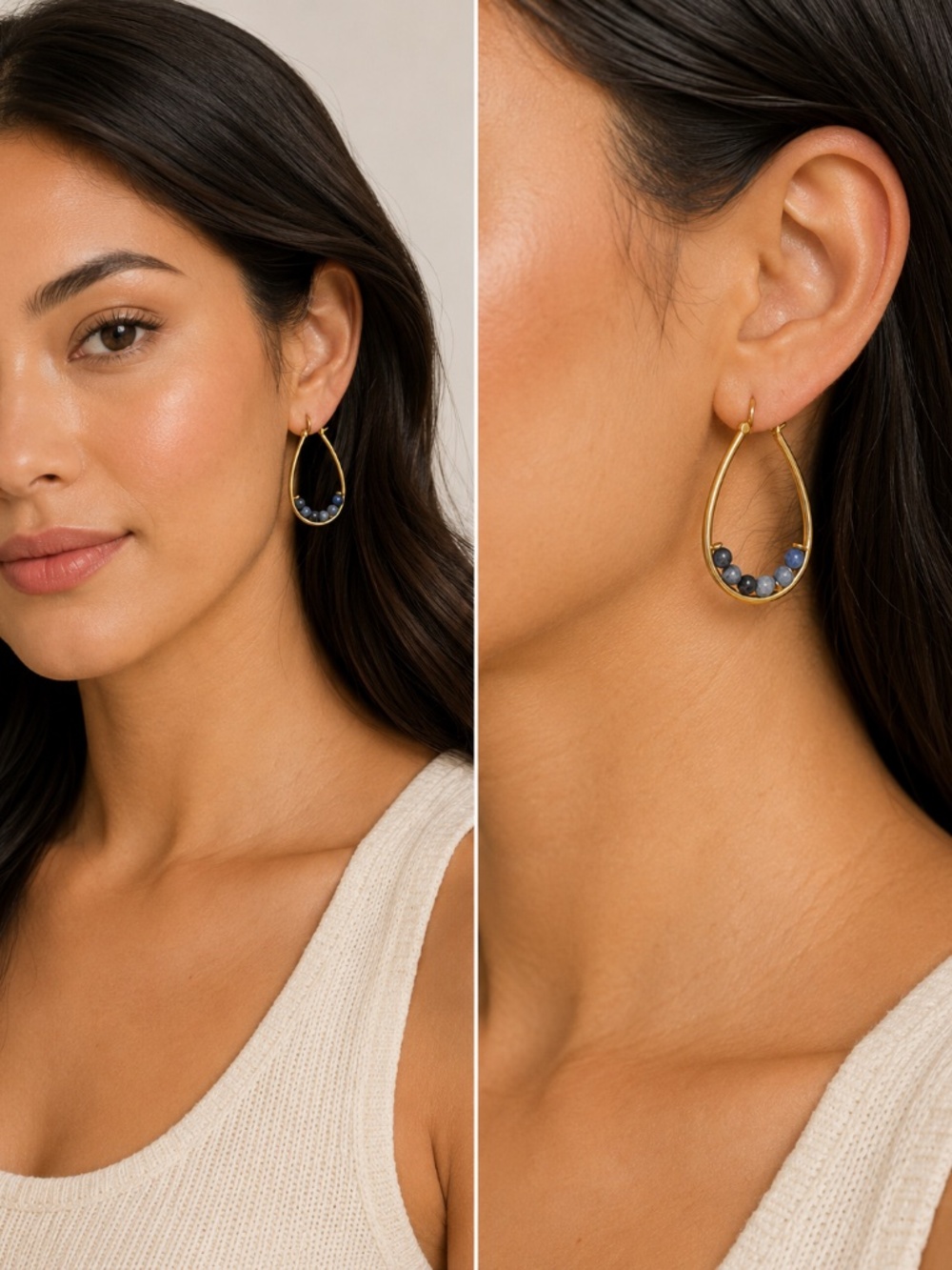 Gold Tone Teardrop Hoop Earrings with Blue Beads Boho